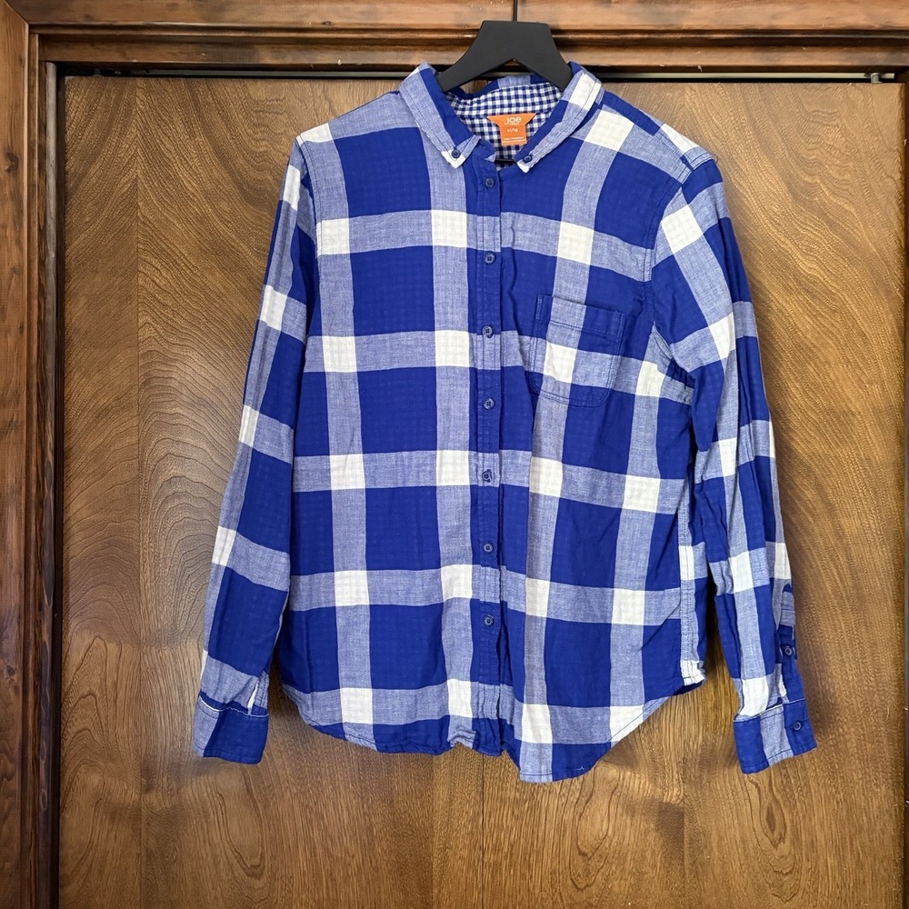 Joe Fresh XL Blue White Gingham Buffalo Plaid Button Up Long Roll Tab Sleeve Wom